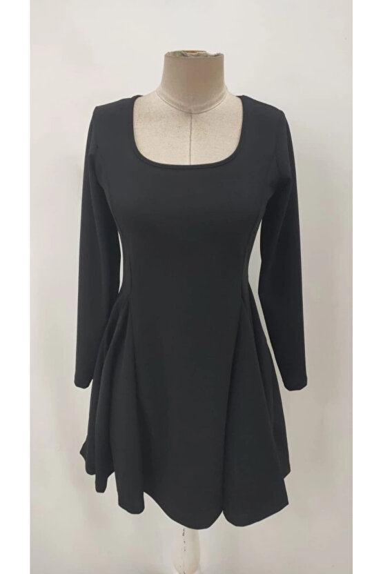 Kadın Uzun Kollu Kare Yakalı Mini Ithal Krep Elbise