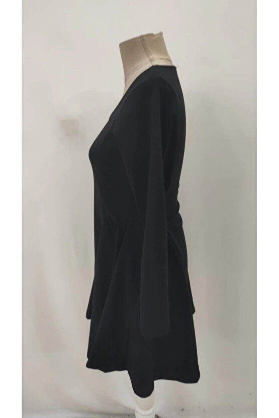 Kadın Uzun Kollu Kare Yakalı Mini Ithal Krep Elbise