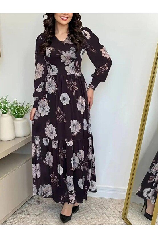 Kadın Uzun Kollu V Yakalı çiçek Desenli Maxi Süprem Elbise