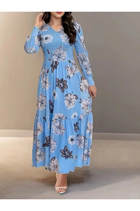 Kadın Uzun Kollu V Yakalı çiçek Desenli Maxi Süprem Elbise