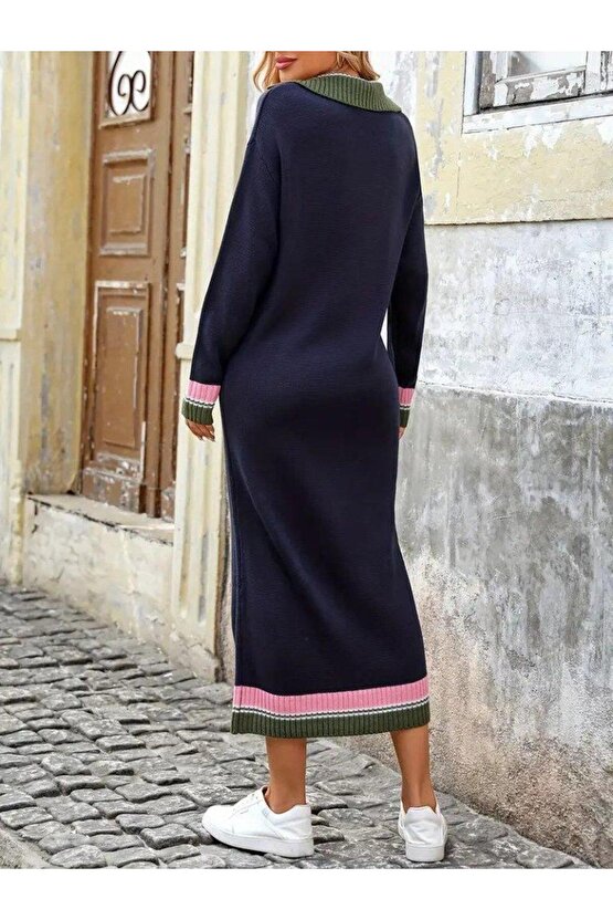 Kadın Uzun Kollu Yakalı çok Renkli Triko Uzun Elbise