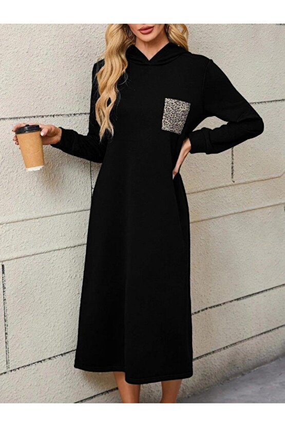 Kadın Uzun Kollu Kapşonlu Cep Detaylı Viskon Iki Iplik Maxi Elbise