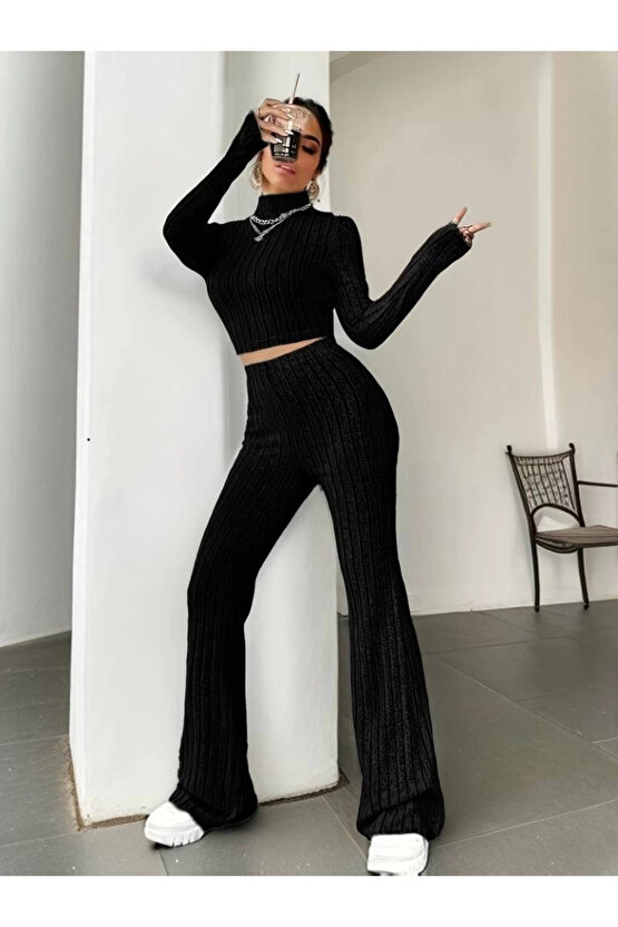 Kadın Uzun Kollu Balıkçı Yaka Krop Ve Pantolon şardonlu Kaşkorse Ikili Takım