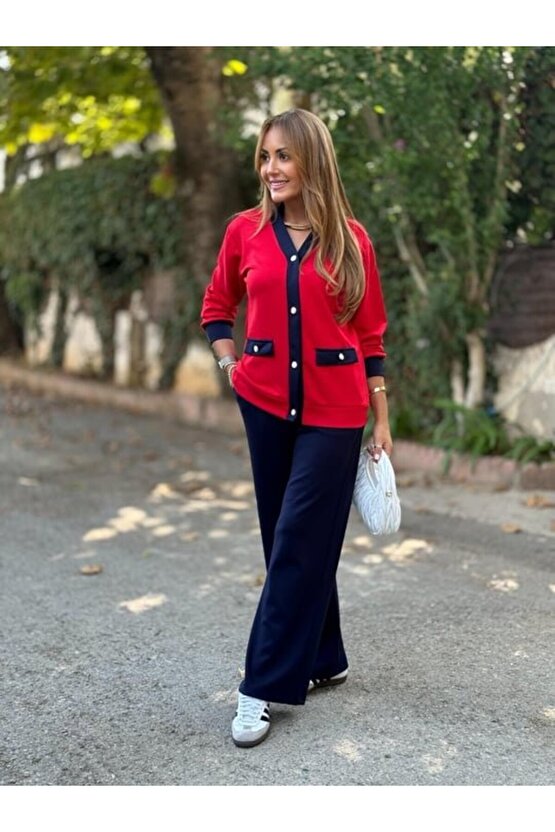 EQURİ Kadın Uzun Kollu Ribanali Cep Detay Hırka Ve Bol Paça Pantolon Ikili Takım