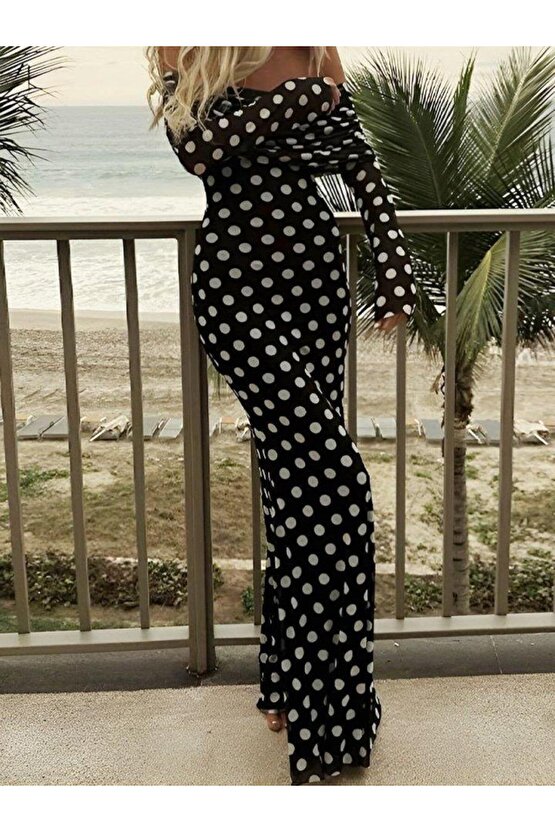 Puantiyeli Tül İçi Astarlı Madonna Yaka Maxi Boy Elbise