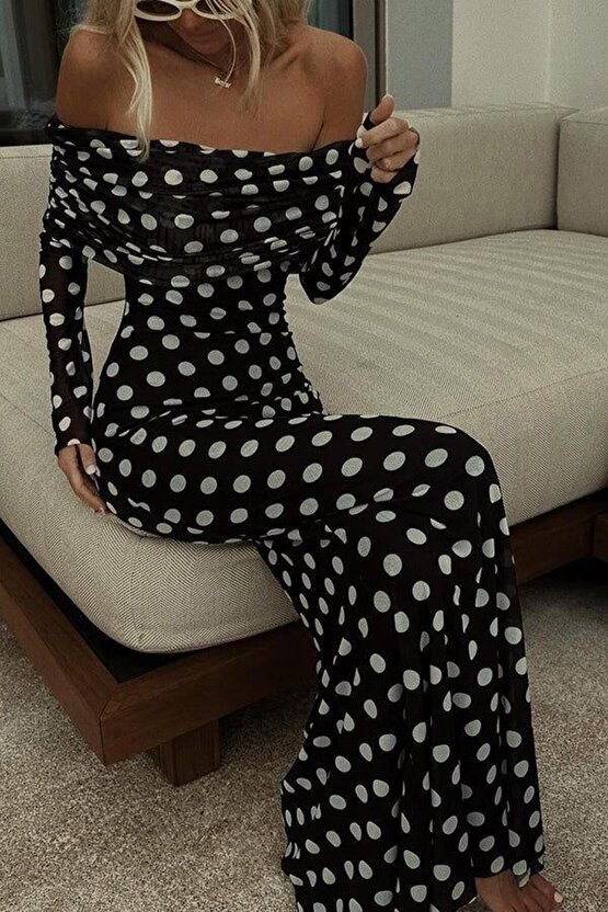 Puantiyeli Tül İçi Astarlı Madonna Yaka Maxi Boy Elbise