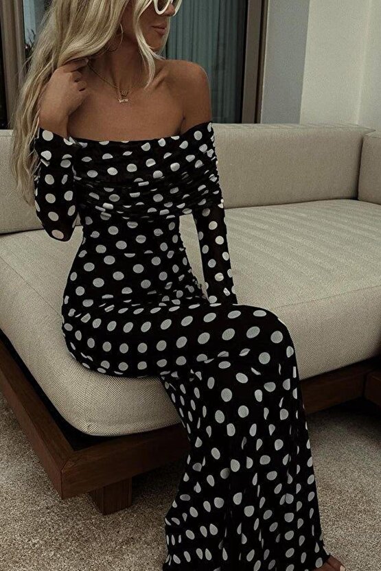 Puantiyeli Tül İçi Astarlı Madonna Yaka Maxi Boy Elbise