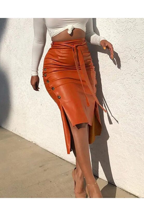 EQURİ Kadın Yüksek Bel Kuşaklı Yanlardan Düğmeli Mini Deri Etek