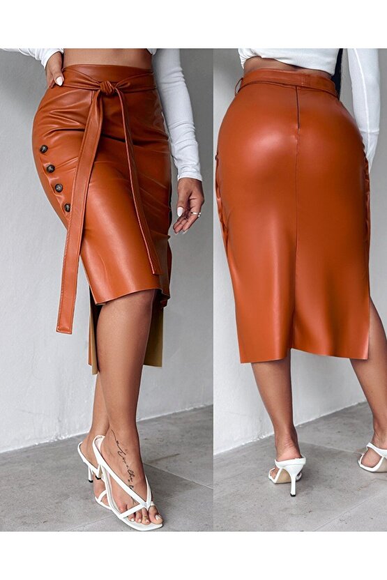EQURİ Kadın Yüksek Bel Kuşaklı Yanlardan Düğmeli Mini Deri Etek