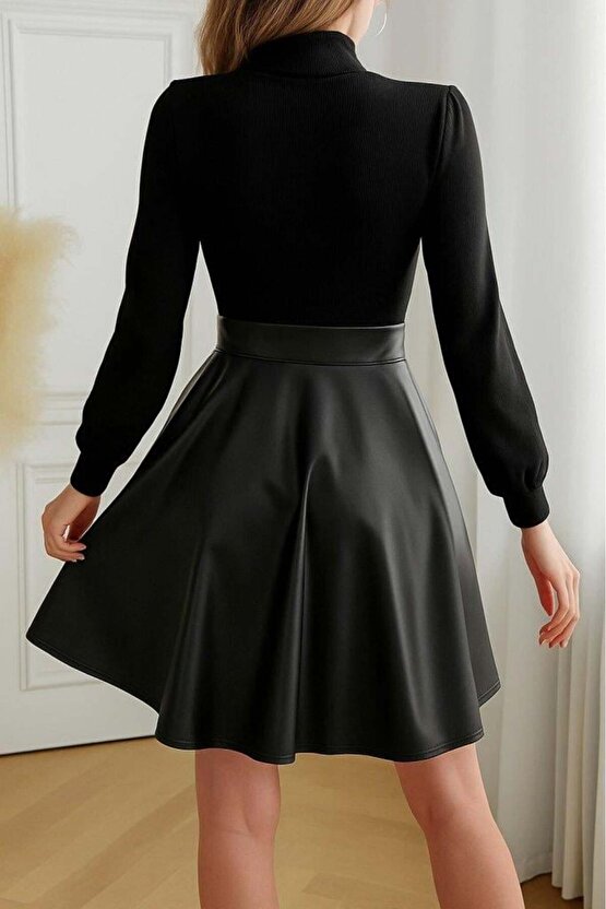 Kadın Uzun Kollu Balıkçı Yaka üst Kaşkorse Alt Deri Detaylı Mini Elbise