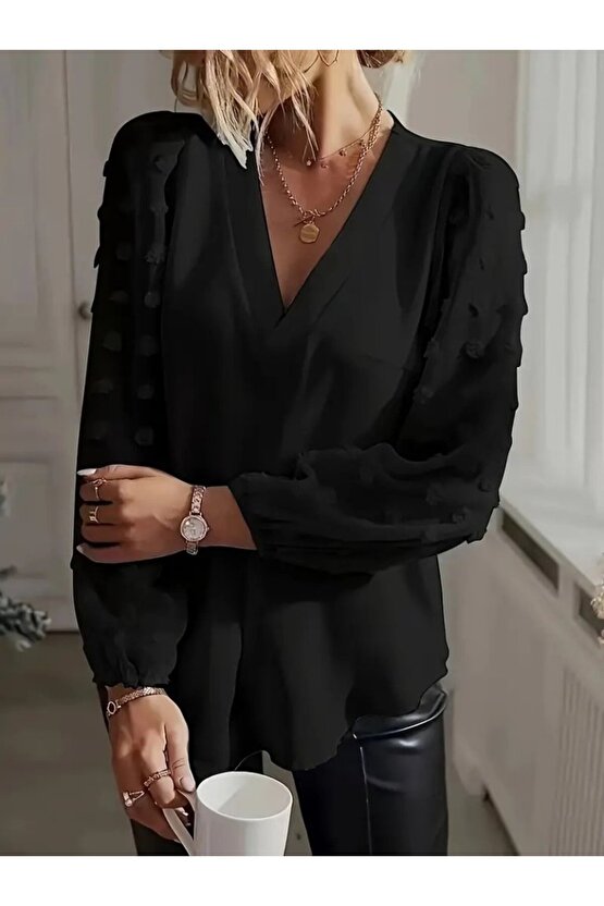 EQURİ Kadın Uzun Kollu V Yakalı Kolları Popon Detaylı Sandy Bluz