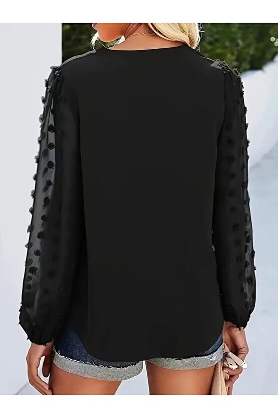 EQURİ Kadın Uzun Kollu V Yakalı Kolları Popon Detaylı Sandy Bluz