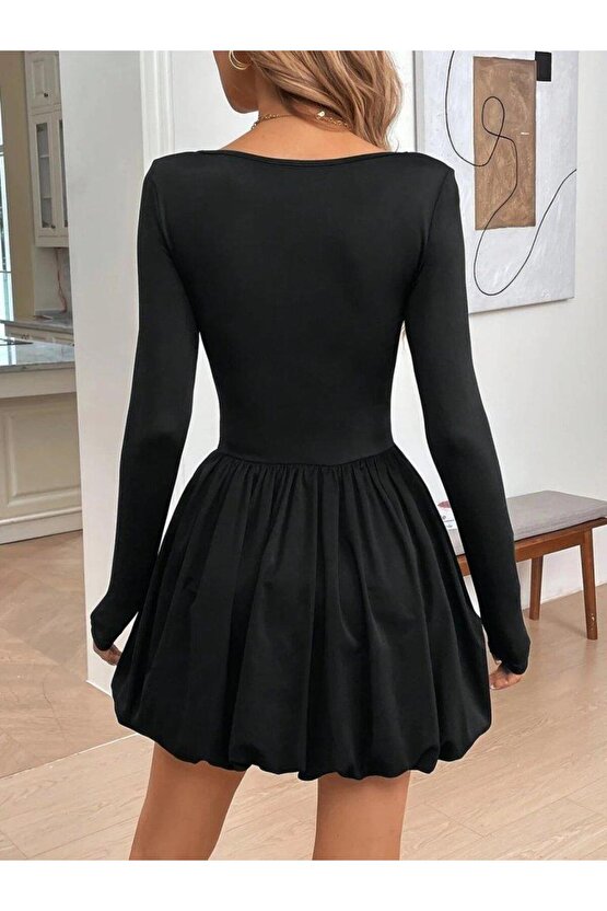 Kadın Uzun Kollu Kare Yaka Mini Balon Modal Elbise