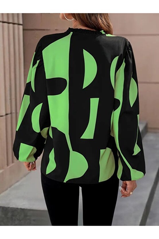 EQURİ Kadın Uzun Kollu V Yakalı Desenli Modal Bluz