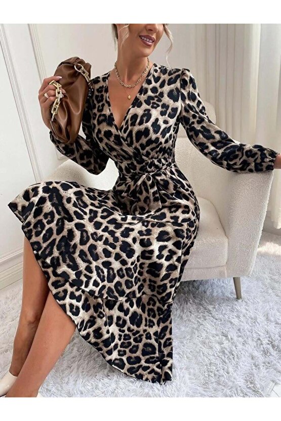 Kadın Uzun Kollu Kruvaze Yakalı Belden Kuşaklı Leopar