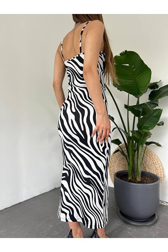 Kadın Zebra Baskılı Omuz Askılı Sırt Dekolteli Yırtmaç Detay Elbise