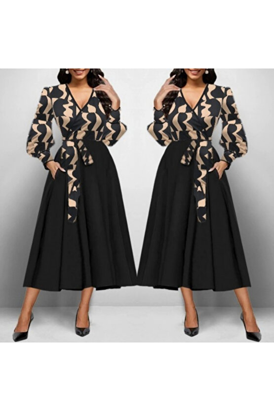 Kadın Uzun Kollu Kruvaze Yaka Dalgıç Krep Midi Boy Elbise