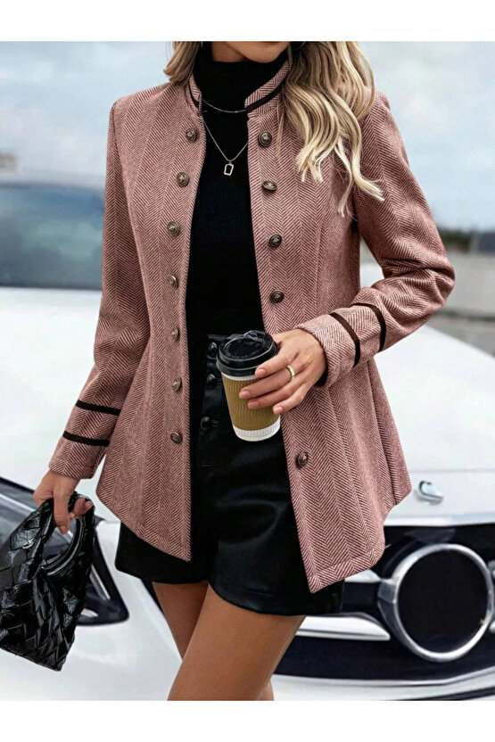 Kadın Uzun Kollu Hakim Yaka Düğme Detaylı Mini Dokuma Ceket