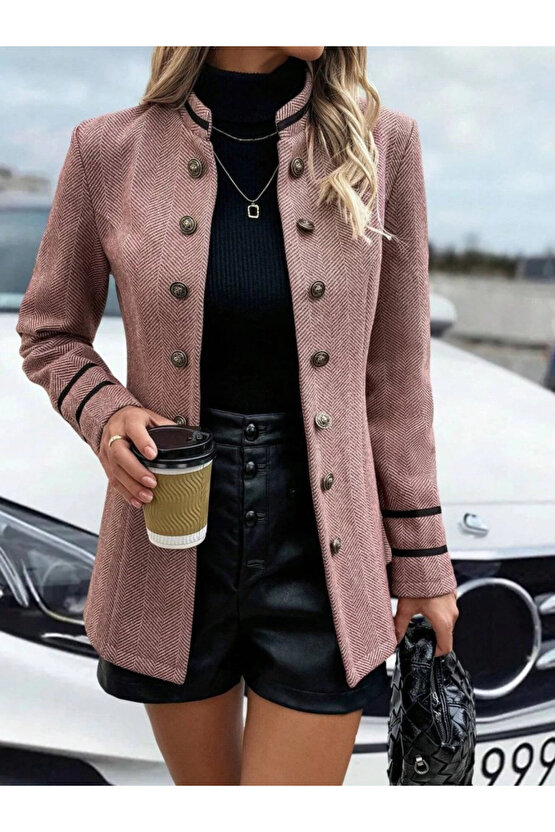 Kadın Uzun Kollu Hakim Yaka Düğme Detaylı Mini Dokuma Ceket