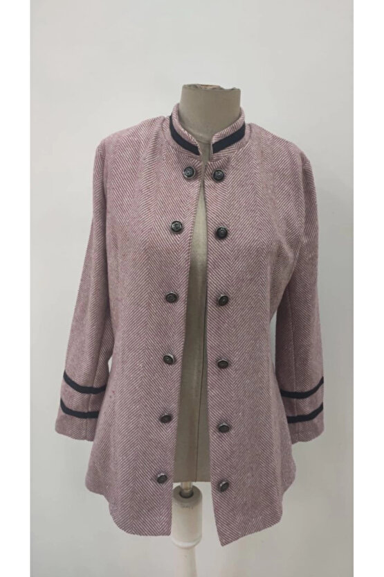 Kadın Uzun Kollu Hakim Yaka Düğme Detaylı Mini Dokuma Ceket