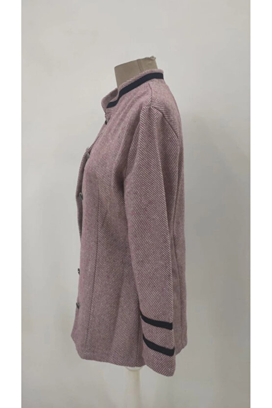 Kadın Uzun Kollu Hakim Yaka Düğme Detaylı Mini Dokuma Ceket