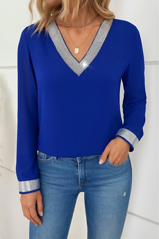 Kadın Uzun Kollu V Pulpayet Yakalı Ithal Krep Bluz