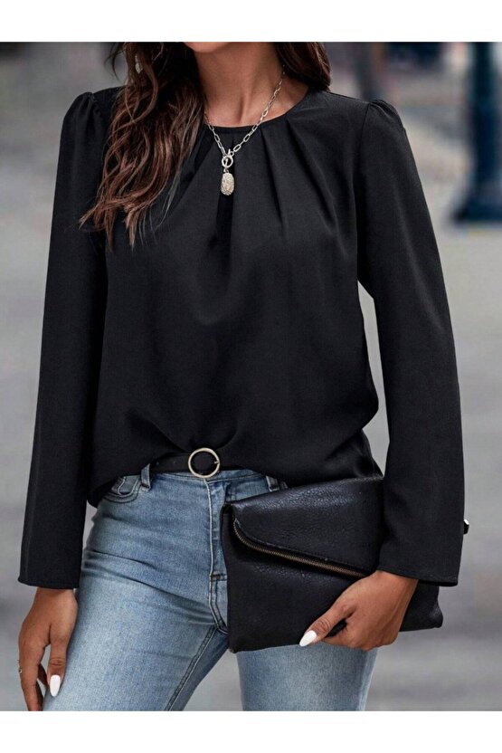 EQURİ Kadın Uzun Kollu Yuvarlak önden Pileli Ithal Krep Bluz