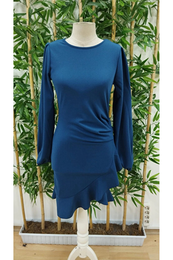 Kadın Uzun Kollu Bisiklet Yaka önden Volanlı Ithal Krep Elbise