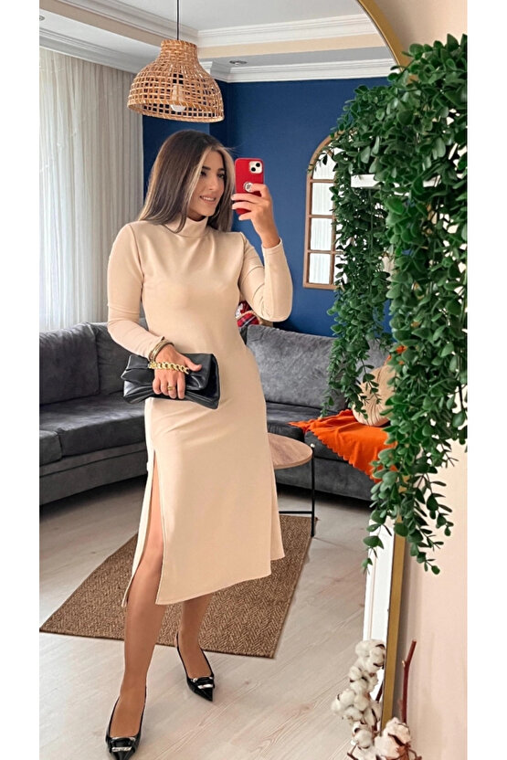 Kadın Uzun Kollu Balıkçı Yaka Derin Yırtmaç Detay Krep Elbise