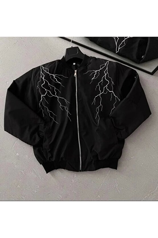 MDB Yıldırım Baskılı Uzun Kol Bomber Ceket iyah