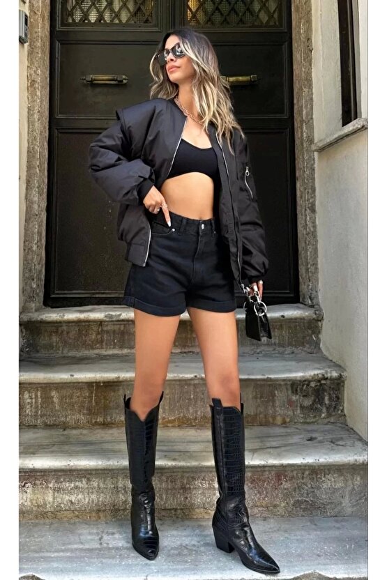 Kadın Oversize Bomber Ceket – Siyah, Fermuarlı, Sokak Modası Tarzı Mont - Siyah