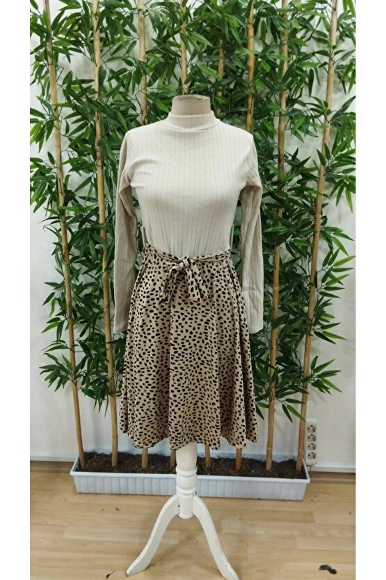 Kadın Uzun Kollu Balıkçı Yaka Belden Bağlamalı üst Kaşkorse Eteği Dalgıç Elbise