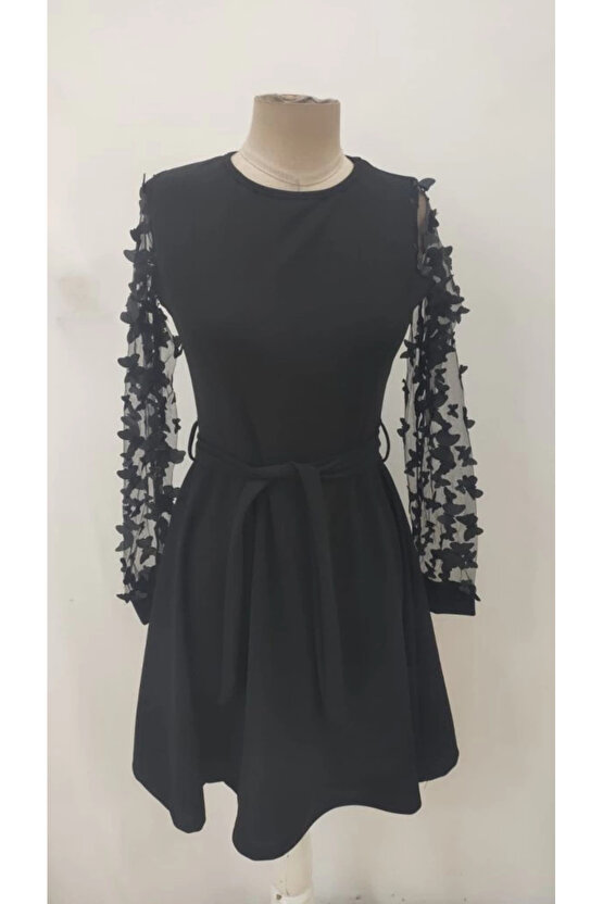 Kadın Uzun Kollu Bisiklet Yaka Kollar Tül Kelebek Detaylı Ithal Krep Elbise