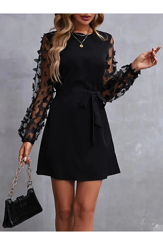 Kadın Uzun Kollu Bisiklet Yaka Kollar Tül Kelebek Detaylı Ithal Krep Elbise