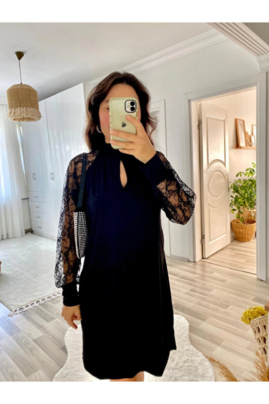 Kadın Uzun Kollu Damla Detaylı Sandy Mini Elbise