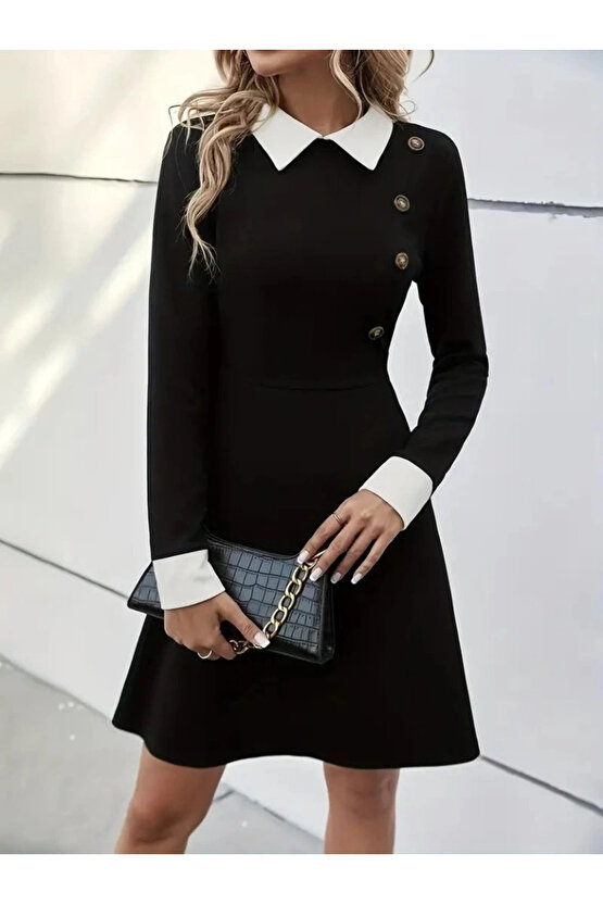 Kadın Uzun Kollu Yakalı Düğmeli Kısa Modal Mini Elbise