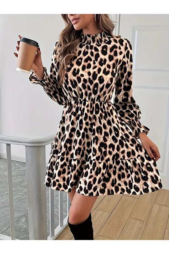 MDB Kadın Uzun Kollu Yarı Balıkçı Yaka Leopar Desenli Modal Mini Elbise