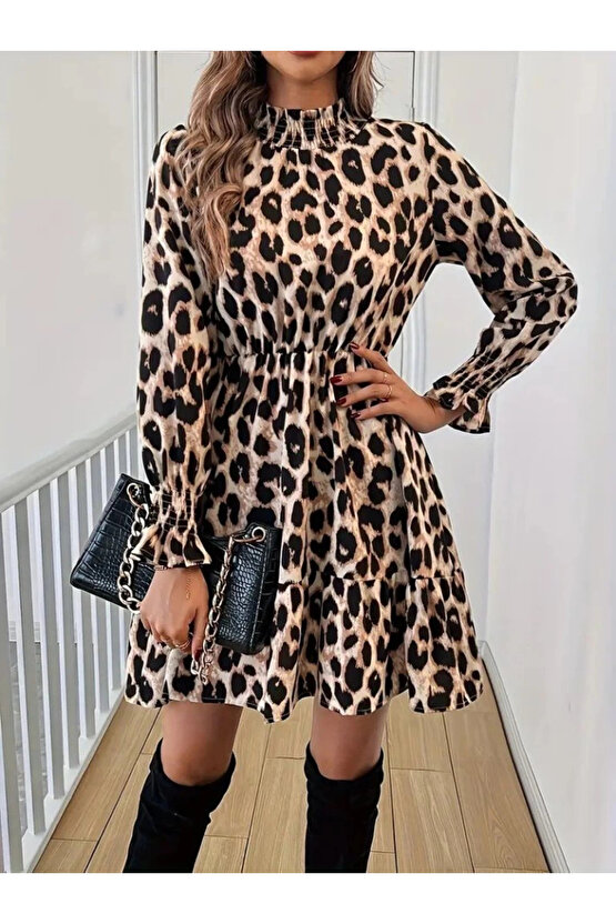 Kadın Uzun Kollu Yarı Balıkçı Yaka Leopar Desenli Modal Mini Elbise