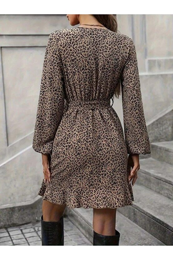 Kadın Uzun Kollu Kruvaze Yakalı Kuşaklı Desenli Kısa Modal Mini Elbise