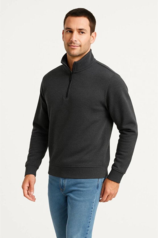 EQURİ Erkek Dik Yaka Sweatshirt Dik Yaka Yarım Fermuarlı 3 İplik Şardonlu Pamuk Kumaş - Antrasit