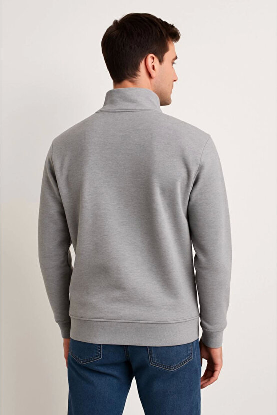 EQURİ Erkek Dik Yaka Sweatshirt Dik Yaka Yarım Fermuarlı 3 İplik Şardonlu Pamuk Kumaş - Gri