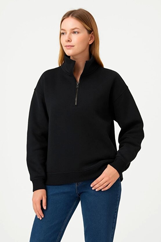 Kadın Üç İplik Dık Yaka Yarım Fermuarlı SweatShirt - Siyah