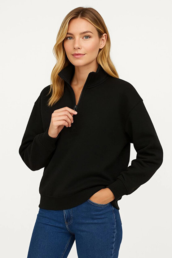 Kadın Üç İplik Dık Yaka Yarım Fermuarlı SweatShirt - Siyah