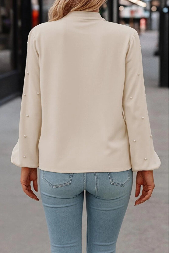 Kadın Uzun Kollu Yakadan Fiyonklu Incili Ithal Krep Bluz