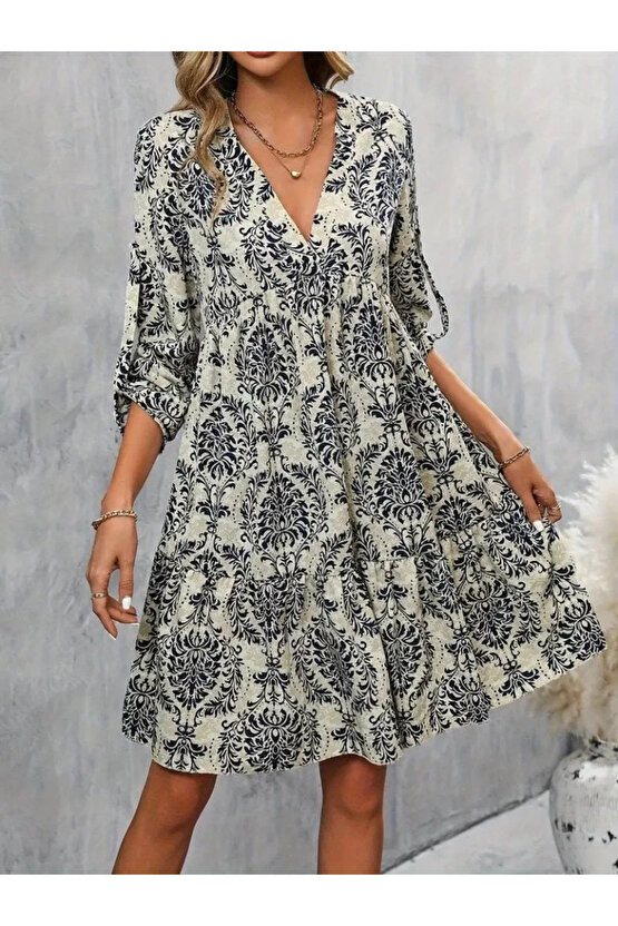 Kadın Uzun Kollu V Yakalı Fırfırlı Mini Süprem Elbise