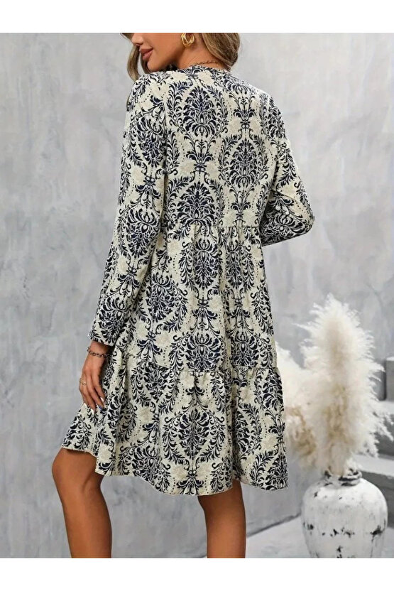 Kadın Uzun Kollu V Yakalı Fırfırlı Mini Süprem Elbise