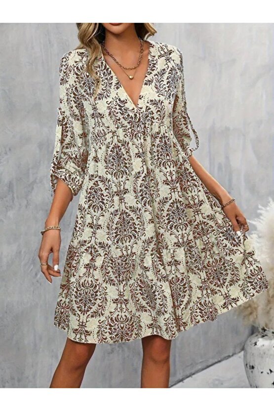 EQURİ Kadın Uzun Kollu V Yakalı Fırfırlı Mini Süprem Elbise