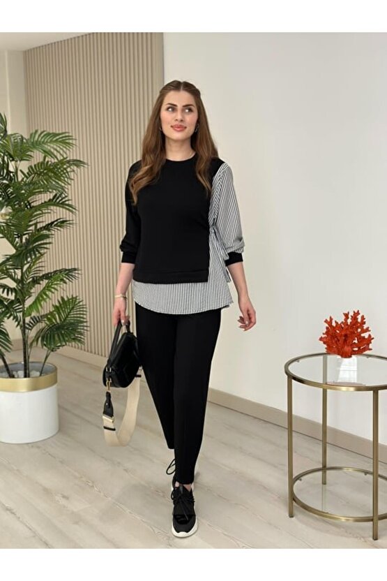 EQURİ Kadın Gömlek Detay çizgili Yandan Bağlamalı Ikili Takım