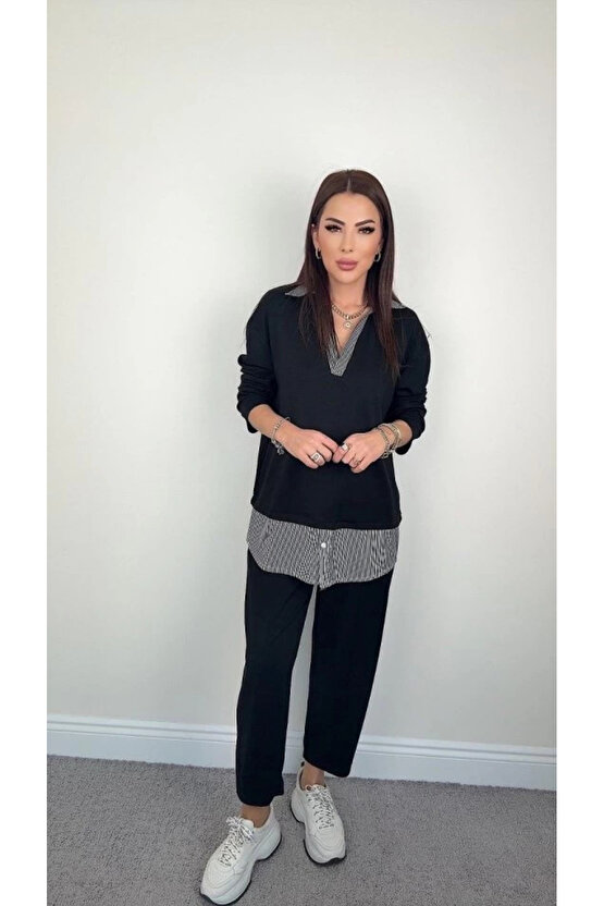 Polo Yaka Gömlekli Salaş Balon Pantolunlu ıkılı Takım