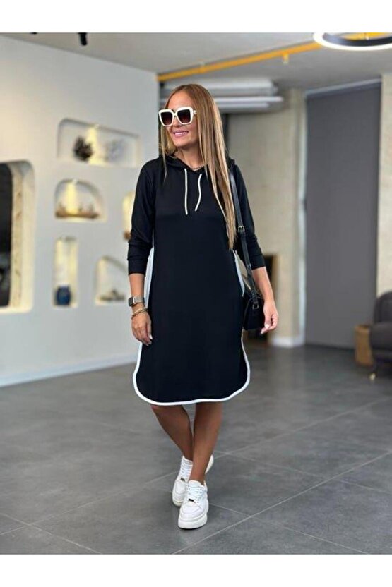 Kadın Uzun Kollu Kapüşon Ve Ribana Detay Diz üstü Elbise
